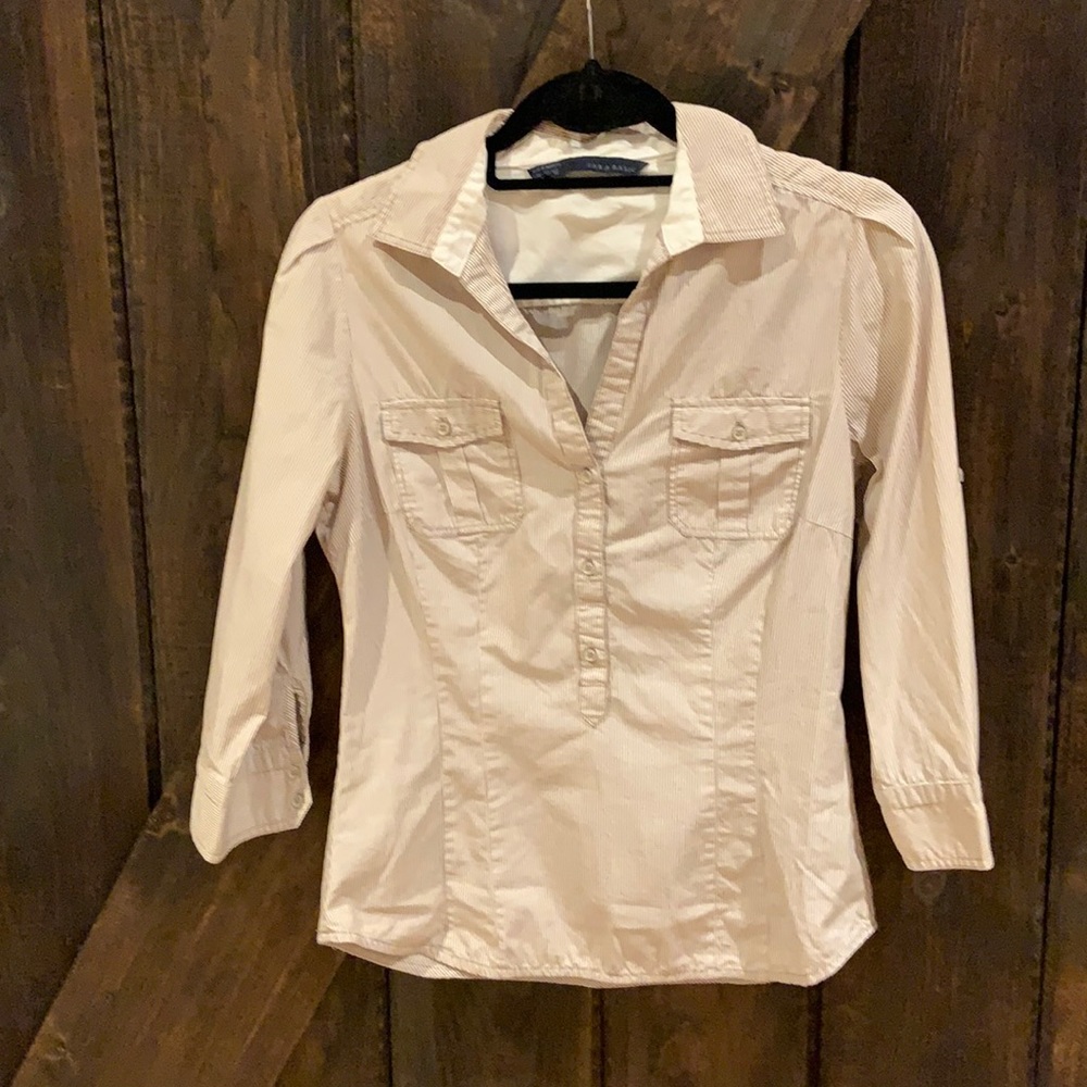 Zara Basic pinstripe 3/4 length sleeve button down top
